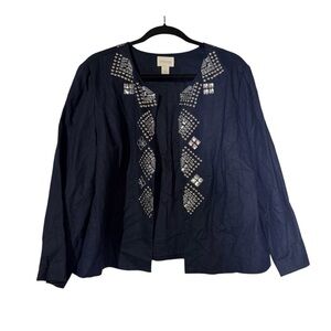 Chico's Embellished Blazer Navy Blue Open Front Linen Blend Size 3 / Large Jewel